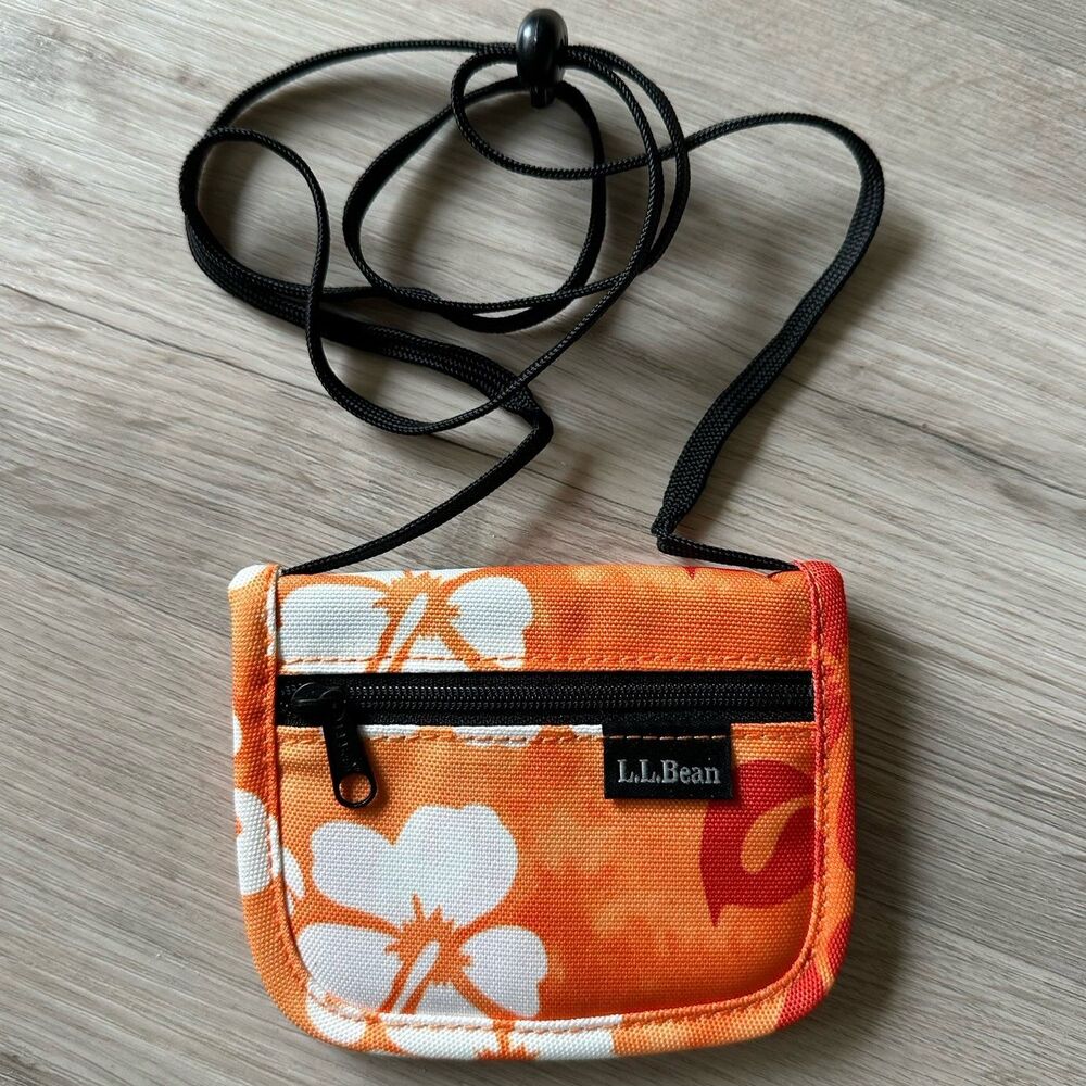 L.L.Bean Small Orange Hawaiian Floral Travel Neck Wallet ID Holder with Lanyard